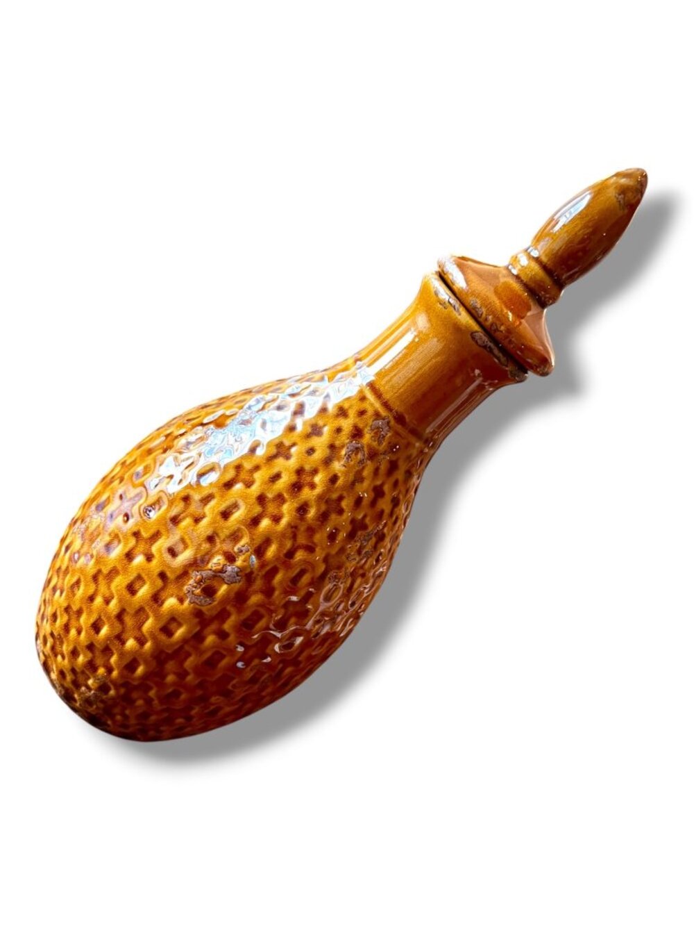 Vintage Amber Textured Ceramic Decanter With Lid For Home Decor Or Collection